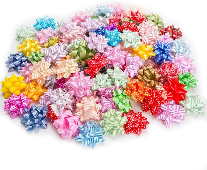 DYSHIPEN 2 inch 100Pcs Small Star Bows for Gift Wrapping and Presents,Multiple coClour Christmas Bows,For Parties, Birthdays, Weddings or Other Holidays. - Image 1